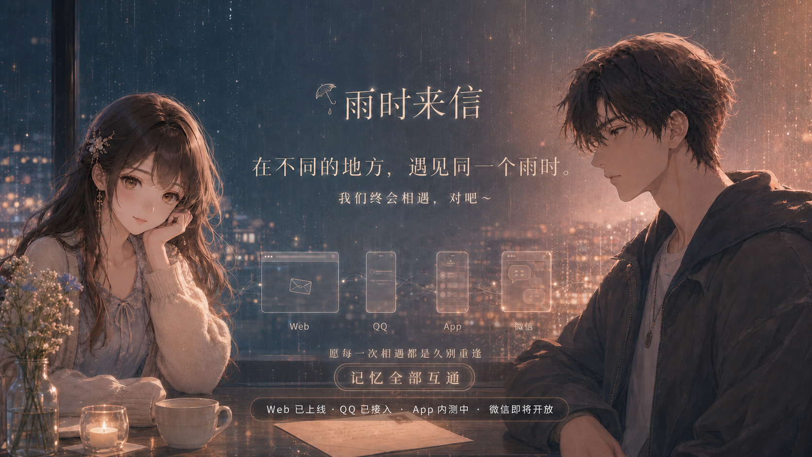 雨时来信多端陪伴海报：在不同的地方遇见同一个雨时，愿每一次相遇都是久别重逢；记忆全部互通，Web 已上线、QQ 已接入、App 内测中、微信即将开放